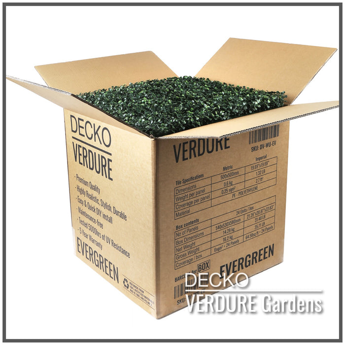 Wholesale: Box of 24 DECKO VERDURE 500mm x 500mm Green Wall Panels - EVERGREEN - FOB Shanghai. MOQ 1 Pallet = 12 boxes (Price/Box) (Copy)