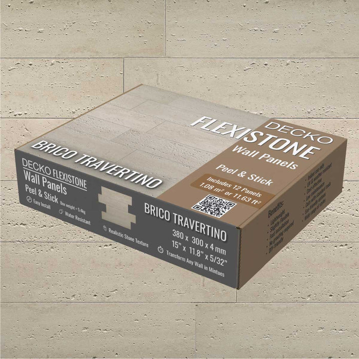 DECKO Flexistone Wall Panels - BRICO TRAVERTINO - Box of 12 Interlocking Peel-and-Stick Panels