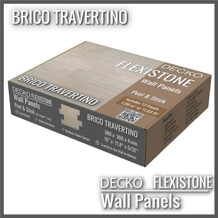 DECKO Flexistone Wall Panels - BRICO TRAVERTINO - Box of 12 Interlocking Peel-and-Stick Panels