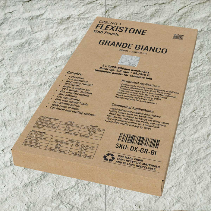 DECKO Flexistone Wall Panels - GRANDE BIANCA - Box of 5 panels 1200x600mm