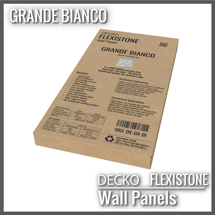 DECKO Flexistone Wall Panels - GRANDE BIANCA - Box of 5 panels 1200x600mm