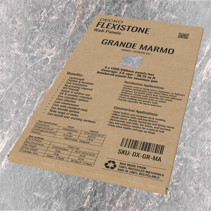 DECKO Flexistone Wall Panels - GRANDE MARMO - Box of 5 1200x600mm Panels