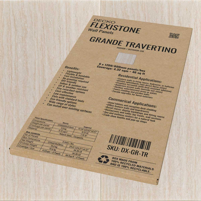 DECKO Flexistone Wall Panels - TRAVERTINO: Choose Size - Boxes of flexible stone panels