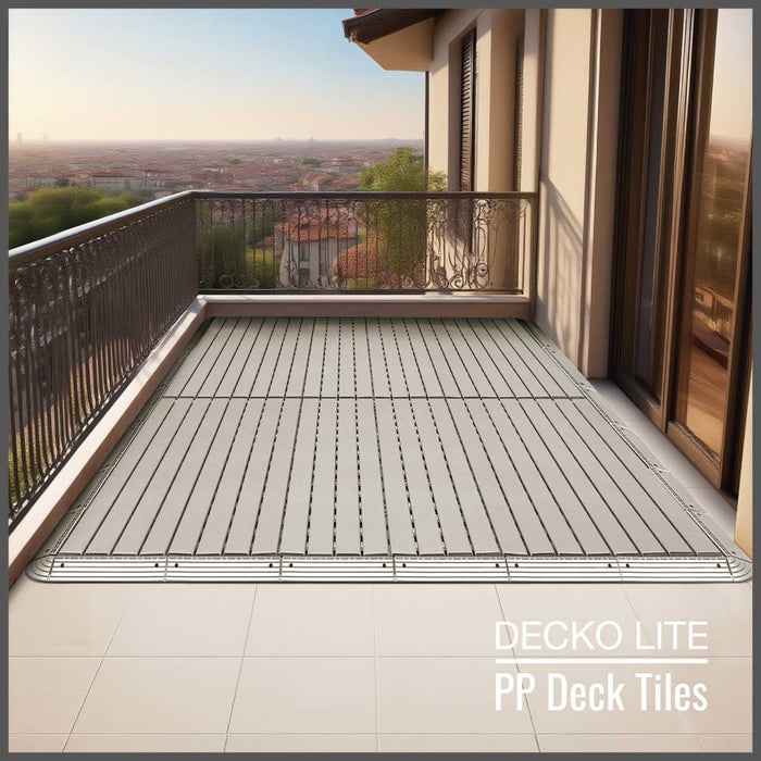 Wholesale: Box of 22 DECKO Lite PP Deck Tiles - GREY or BEIGE-SLAT type (608x304mm) - FOB Shanghai, MOQ is 24 boxes = 1 pallet (Price/Box)